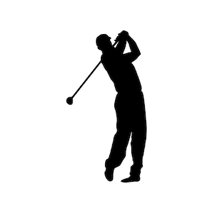 May include: A black silhouette of a person in the middle of a golf swing. The golfer is wearing a hat and pants, and is holding a golf club. The background is plain white.
