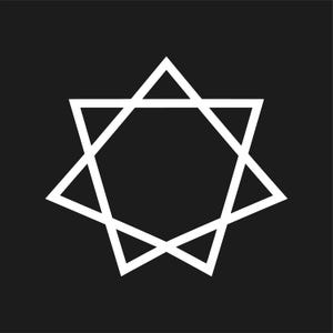 May include: A white geometric star design on a black background. The star is composed of two overlapping triangles, forming an eight-pointed star shape. The design is simple and symmetrical, with clean lines.