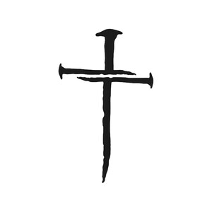 May include: A black cross design with a nail through the centre. The cross has a simple, minimalist design with a rough, textured appearance. The image is set against a plain white background.