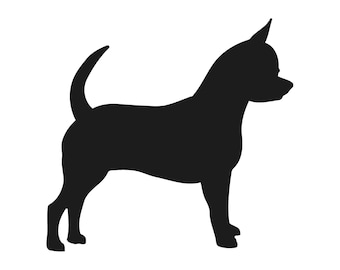 Puede incluir: Silueta negra de un perro chihuahua. El perro está representado de perfil, con la cola curvada y las orejas erguidas. Este diseño sencillo es adecuado para varios artículos relacionados con mascotas.