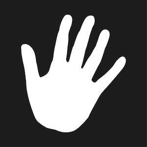 Könnte beinhalten: Ein weißer Handabdruck auf schwarzem Hintergrund. Die Hand ist geöffnet, alle fünf Finger sind gespreizt. Das Bild ist eine einfache, kontrastreiche Grafik, geeignet für verschiedene Anwendungen.