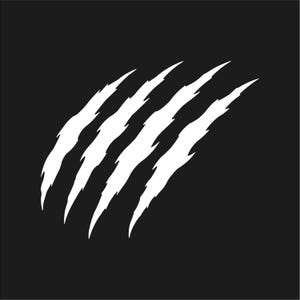 May include: White claw marks on a black background. The marks are jagged and angled, creating a tearing effect. The design is simple and striking, suitable for various applications. The image is a graphic.