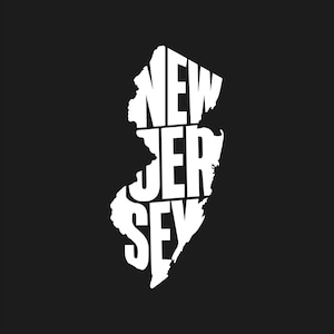 May include: A white graphic of the state of New Jersey on a black background. The word "NEW" is at the top, "JER" in the middle, and "SEY" at the bottom, all in bold, white letters, filling the shape of the state.