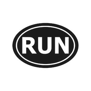 May include: A black oval sticker with the white word "RUN" in a bold font. The sticker has a white border around the black oval shape. The design is simple and modern, suitable for various applications.