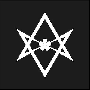 Könnte beinhalten: Ein symmetrisches weißes geometrisches Design auf schwarzem Hintergrund. Das Design zeigt eine sechszackige Sternform mit einer kleineren fünfblättrigen Blume in der Mitte. Die Linien sind sauber und scharf und erzeugen eine moderne und minimalistische Ästhetik.