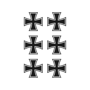 May include: Six black Iron Cross designs with white outlines are arranged on a white background. The crosses are symmetrical, with four arms of equal length, and are a classic symbol.