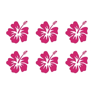 以下が含まれることがあります： 白い背景に、マゼンタ色のハイビスカスの花のイラストが6つ。各花は5枚の花びら、長い雄しべ、詳細な雌しべを持っています。花は均等に配置され、パターンを形成しています。