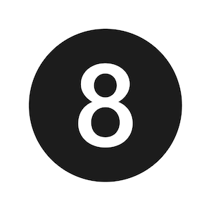 Puede incluir: Un número ocho blanco está centrado en un círculo negro. La imagen es un gráfico simple con un alto contraste entre el número blanco y el fondo negro. El diseño es limpio y moderno.
