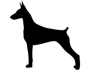 May include: A black silhouette of a Doberman Pinscher dog in a standing profile. The dog has a sleek, muscular build, with pointed ears and a docked tail. The image is set against a white background.