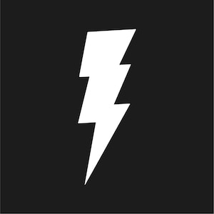 May include: A white lightning bolt graphic against a solid black background. The bolt is a stylized zig-zag shape, with sharp angles and a bold, clean design. The image is simple and graphic.