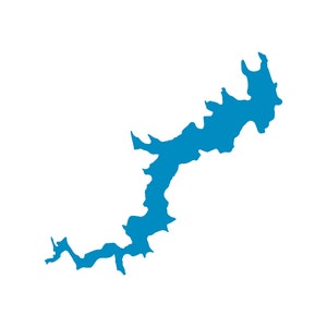 May include: A stylized, teal-colored illustration of a lake or body of water against a white background. The shape is irregular, with several inlets and peninsulas, suggesting a natural landscape feature. The design is simple and graphic.