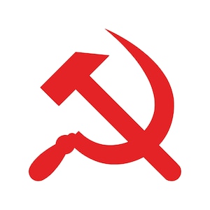 May include: A red hammer and sickle symbol on a white background. The hammer is positioned to the left, and the sickle curves around it. The design is a bold, graphic representation.