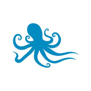 May include: A blue octopus silhouette with eight tentacles and a rounded head. The tentacles have curled tips, and the octopus is set against a white background. This graphic is suitable for nautical or marine-themed designs.