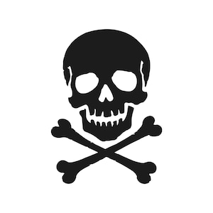 May include: A black skull and crossbones illustration on a white background. The skull has large eye sockets, a nose cavity, and a row of teeth. The crossbones are positioned beneath the skull.