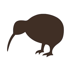 Puede incluir: Silueta marrón de un kiwi, un ave no voladora nativa de Nueva Zelanda, sobre un fondo blanco. El ave se muestra de perfil, con un pico largo y patas cortas.