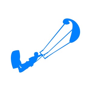 Może przedstawiać: Niebieska sylwetka osoby uprawiającej kitesurfing na białym tle. Latawiec jest duży i zakrzywiony, z liniami rozciągającymi się do osoby. Obraz jest prostą, graficzną reprezentacją tego sportu.