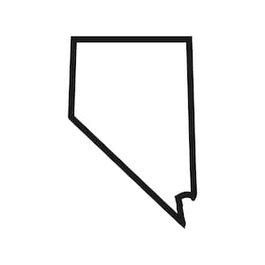 May include: A black outline of the state of Nevada on a white background. The state's shape is clearly defined with sharp angles and a small notch at the bottom.