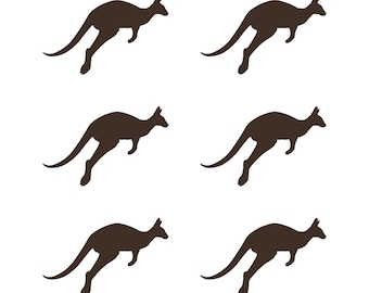 May include: Six brown kangaroo silhouettes in a jumping pose are arranged on a white background. The kangaroos are facing the same direction, with their tails extended and legs in mid-air, creating a sense of movement and energy.