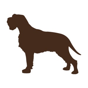 May include: A brown silhouette of a dog, likely a breed like a German Wirehaired Pointer or similar. The dog is depicted in a standing profile, showcasing its body shape and features against a white background. The image is simple and clean.
