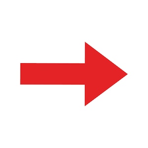 May include: A bright red arrow pointing right, set against a white backdrop. The arrow has a rectangular body and a triangular head. The design is clean and graphic, suitable for various applications.