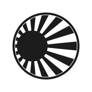 May include: A black and white circular graphic featuring a central black circle with radiating white stripes. The design is reminiscent of a rising sun or a stylized emblem.