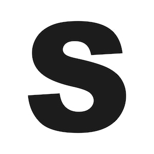 May include: A large, black letter "S" on a white backdrop. The sans-serif font is bold and rounded, with a spacious internal counter.