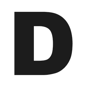May include: A large, black letter 'D' on a white backdrop. The capital letter is a solid shape with a wide, open curve on the right. The design is simple and modern, with a clear, bold appearance.
