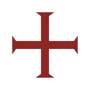 May include: A red cross with flared ends, centered on a white background. The cross has a bold, simple design, with each arm of equal length. The color is a deep, solid red.