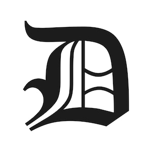 May include: A bold, black letter "D" in a classic, ornate font. The design features a stylized, calligraphic appearance with a distinctive serif and internal detailing, set against a clean white background.