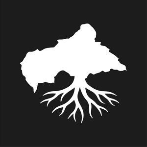 May include: A white silhouette of a tree with roots and a full crown against a black background. The tree's roots are visible, spreading out from the trunk. The crown of the tree is detailed with a textured appearance.
