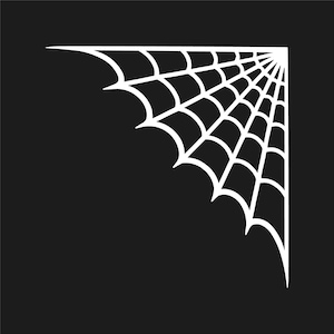 Puede incluir: Un diseño de telaraña blanca en la esquina de un fondo negro. La telaraña es un patrón geométrico estilizado con líneas curvas que irradian desde un punto central, creando un tema clásico de Halloween o espeluznante.