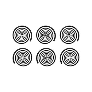 May include: Six black and white spiral designs arranged in two rows of three. Each spiral is a circular shape with a thick black outer line that tapers inward to a central point. The background is plain white.