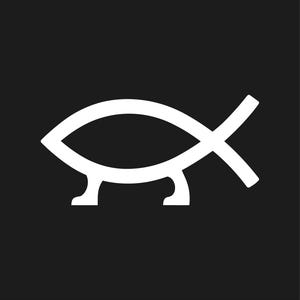 May include: A white Ichthys symbol, a stylized fish, on a black background. The fish has a curved body, a tail, and two legs. The design is simple and graphic, suitable for various applications.