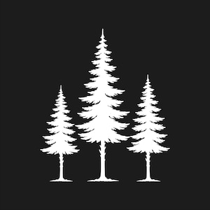 Può includere: Design minimalista con tre pini bianchi su sfondo nero. Gli alberi, di altezze diverse, presentano rami e tronchi dettagliati, creando una silhouette forestale semplice ma d'impatto.