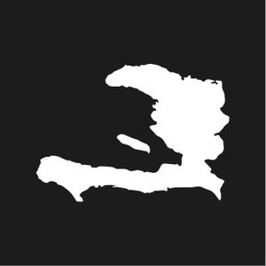 May include: A white silhouette of the country of Haiti against a solid black background. The shape is detailed, showing the coastline and geographical features of the island nation.