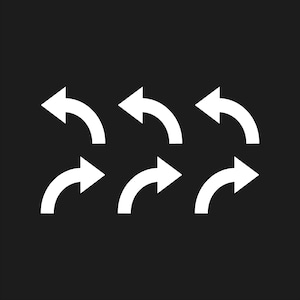 May include: Six white curved arrows on a black background. Three arrows point left, and three point right. The arrows are evenly spaced and arranged in two rows of three.