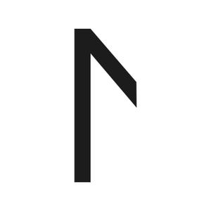 May include: A black rune symbol on a white backdrop. The graphic features a vertical line with a diagonal line extending from the top, forming an angular shape. The design is simple and bold.