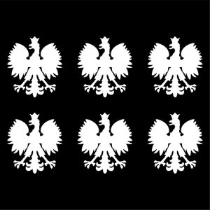 May include: Six white stylized eagle silhouettes, the emblem of Poland, are arranged on a black background. Each eagle has a crown, wings, and a detailed chest. The image is a graphic design.