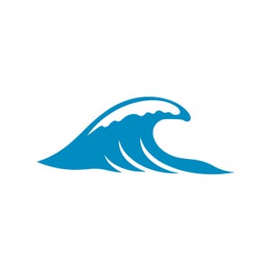 Puede incluir: Ilustración de una ola azul estilizada con espuma blanca. El diseño de la ola es simple y gráfico, adecuado para logotipos o elementos decorativos. La imagen evoca un tema costero o náutico.