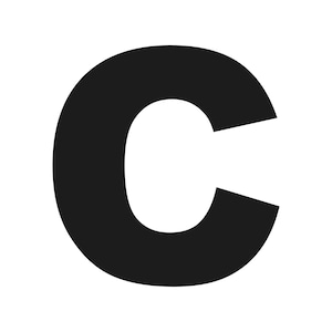 以下が含まれることがあります： 白い背景に、大胆な黒色の文字「C」。 この文字はサンセリフ体で、シンプルでクリーンなデザインです。 「C」内の負の空間は、完璧な半円を形成しています。