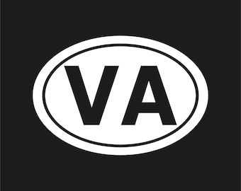 May include: A white oval sticker with a black border and the letters "VA" in bold, black font. The background is solid black. The design is simple and graphic.
