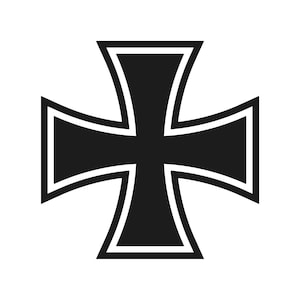 Könnte beinhalten: Ein schwarzes Eisernes Kreuz-Emblem mit weißem Rand, vor weißem Hintergrund. Das Kreuz hat vier Arme, die sich zu den Enden hin verbreitern. Das Design ist schlicht und grafisch.