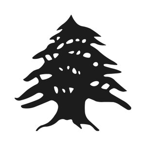 Peut inclure: Silhouette noire d'un cèdre sur fond blanc. L'arbre se distingue par ses branches étagées et son sommet arrondi. Le design est une représentation graphique simple d'un cèdre.