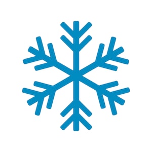 Op de afbeelding: Een symmetrisch, gestileerd sneeuwvlokpictogram in een levendige blauwe tint. Het zespuntige ontwerp heeft ingewikkelde, vertakte armen, die elk eindigen in drie kleinere punten. De sneeuwvlok staat tegen een heldere witte achtergrond.