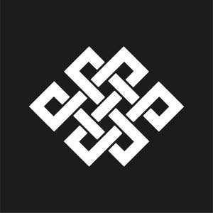 May include: A white geometric knot design against a black backdrop. The symmetrical knot is formed from interwoven, square-shaped components, producing a continuous, intricate pattern. The design is clean and contemporary.