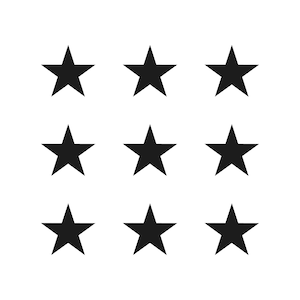 May include: Nine black five-pointed stars arranged in a 3x3 grid on a white background. The stars are evenly spaced and of uniform size, creating a symmetrical pattern. The image is simple and graphic.
