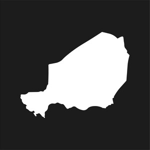 May include: A white silhouette of the country of Niger against a black background. The shape is a simplified outline of the nation's borders, with a distinctive shape. The image is a graphic representation of the country.
