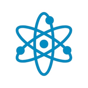 May include: A blue atom symbol on a white background. The atom is depicted with orbiting spheres around a central nucleus, representing the structure of an atom. The design is simple and graphic.