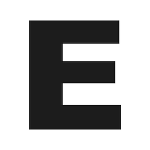 May include: A bold, black letter "E" against a white background. The letter is a sans-serif font, with three horizontal bars connected by a vertical bar. The design is simple and graphic.