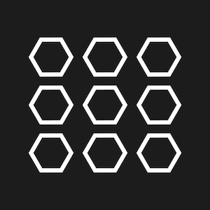 May include: Nine white hexagonal shapes arranged in a 3x3 grid against a solid black background. The geometric pattern is simple and symmetrical, with each hexagon outlined in white.